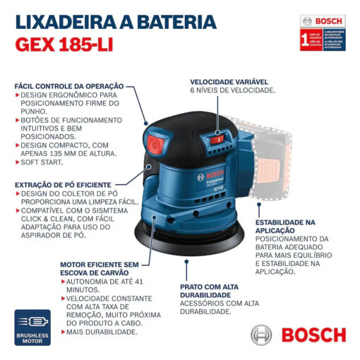 Lixadeira roto orbital à Bateria Bosch GEX 185-LI, BRUSHLESS, 18V SB - Image 6